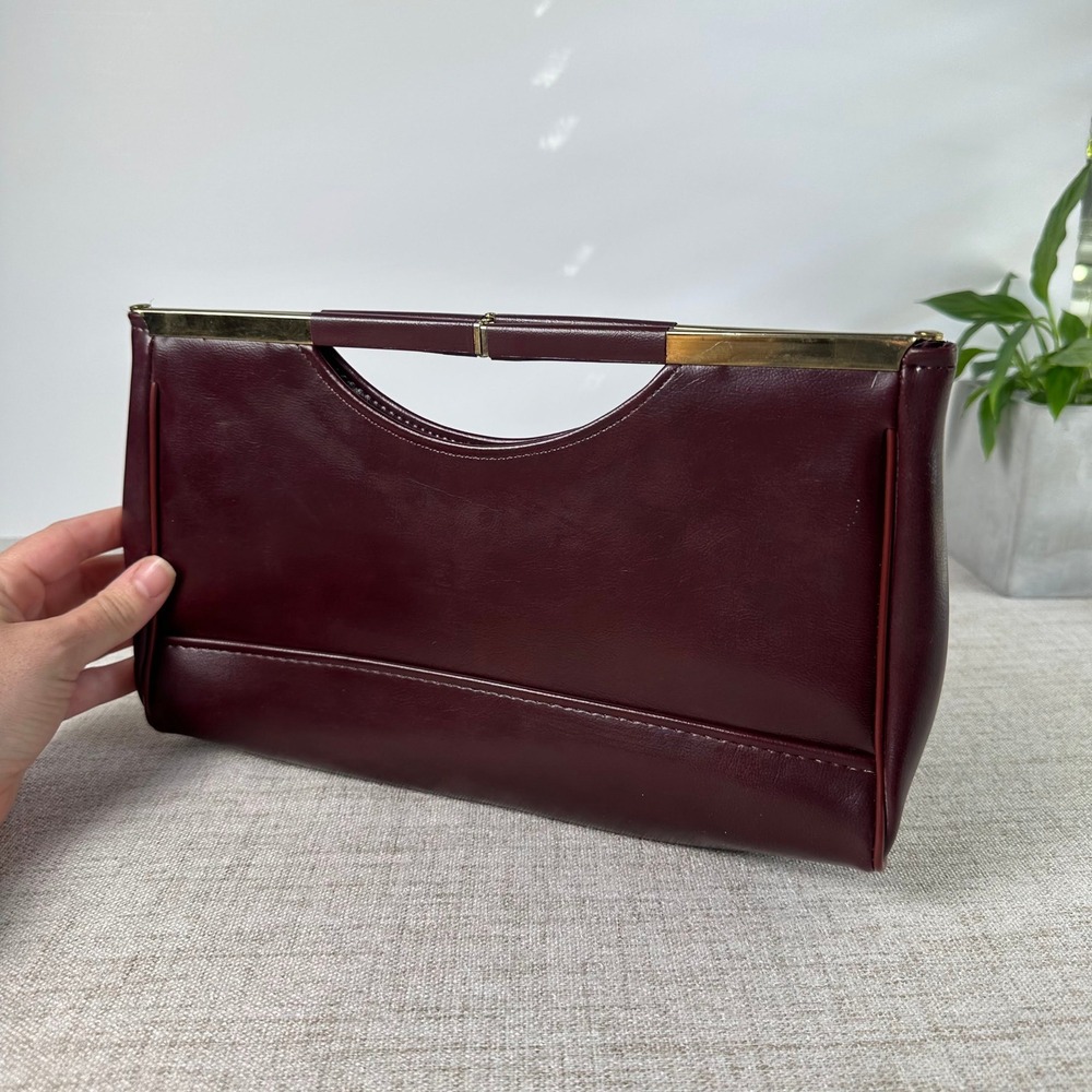Vintage 1970s Oxblood Burgundy Frame Handbag Clutch Gold Tone Handle